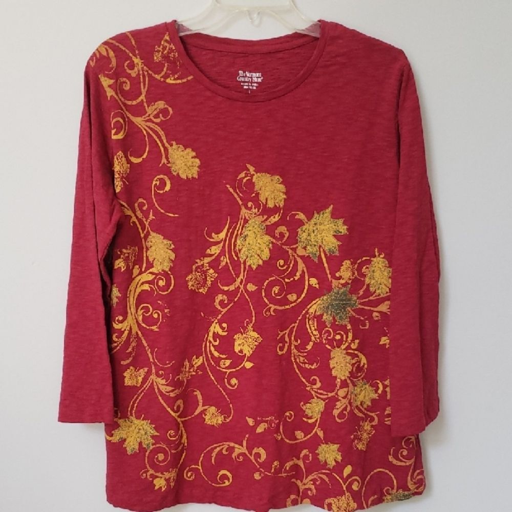 The Vermont Country Store Top Womens L Red L/S Gold Leaf Design Textured Tee